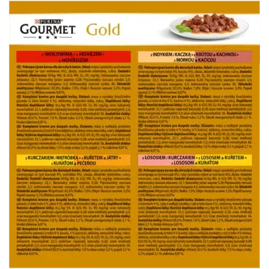 GOURMET GOLD bucăți în sos cu vită, curcan&rață, somon&pui, pui&ficat, hrană umedă completă pentru pisici