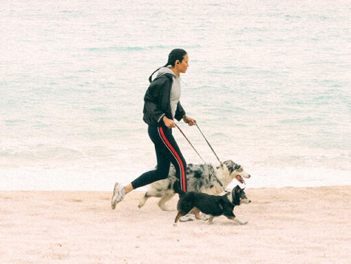 Femeie alergând pe plajă cu câinii săi